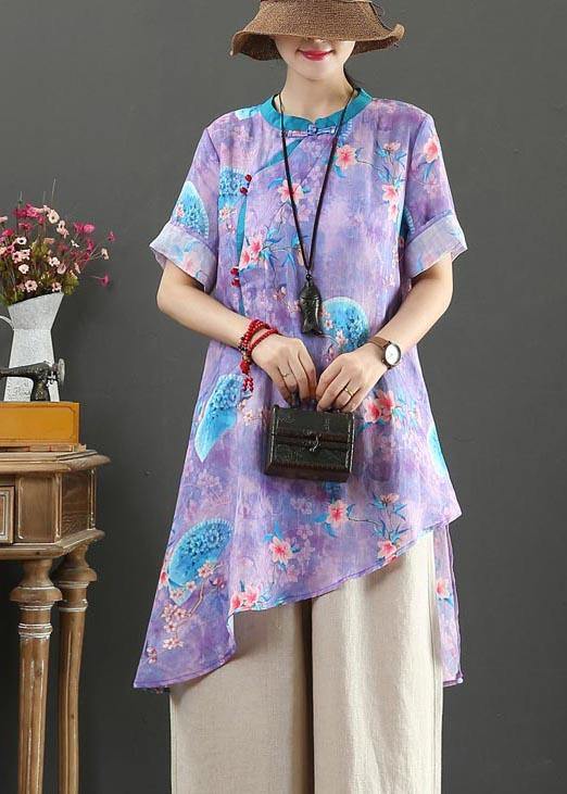 Vintage Purple Print Linen asymmetrical design Shirt Summer - SooLinen