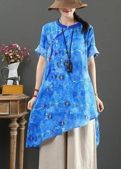 Vintage Purple Print Linen asymmetrical design Shirt Summer - SooLinen