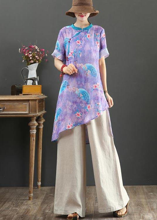 Vintage Purple Print Linen asymmetrical design Shirt Summer - SooLinen