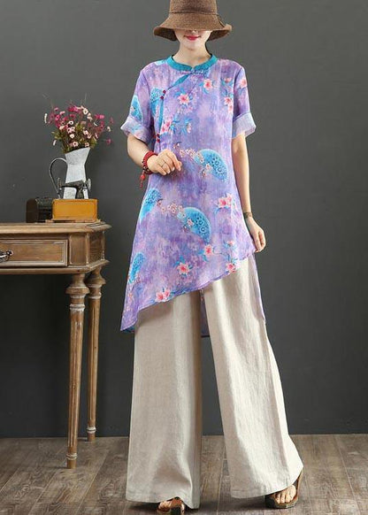 Vintage Purple Print Linen asymmetrical design Shirt Summer - SooLinen