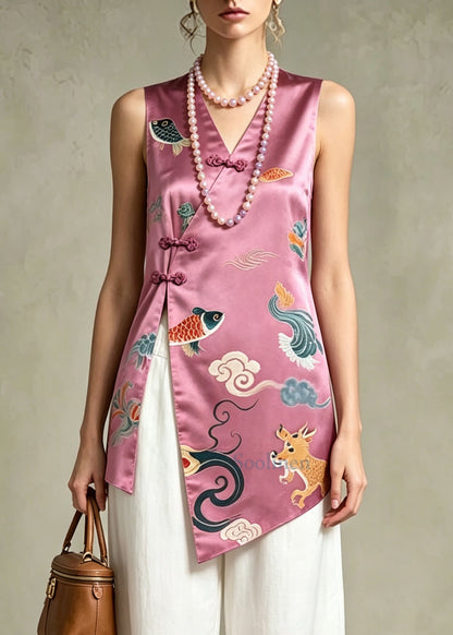Vintage Purple Print Side Open Silk Oriental Tops Sleeveless