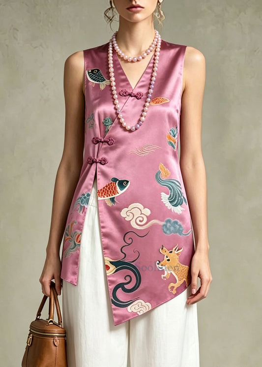 Vintage Purple Print Side Open Silk Oriental Tops Sleeveless