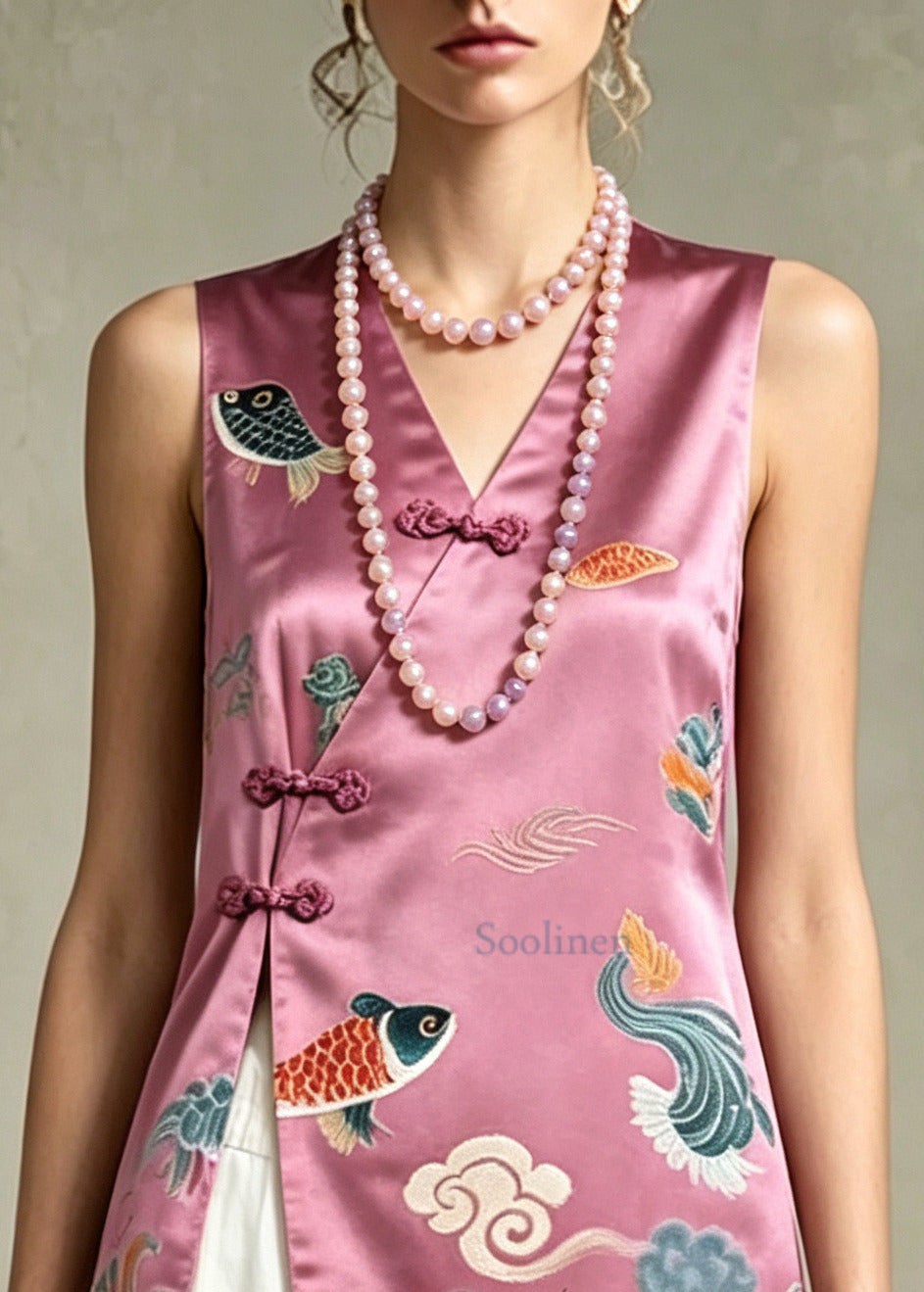 Vintage Purple Print Side Open Silk Oriental Tops Sleeveless