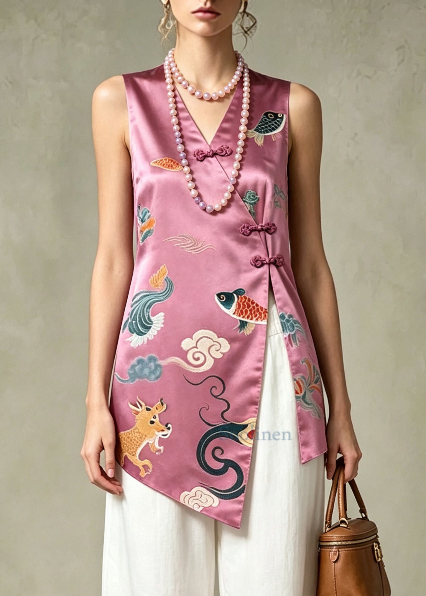Vintage Purple Print Side Open Silk Oriental Tops Sleeveless