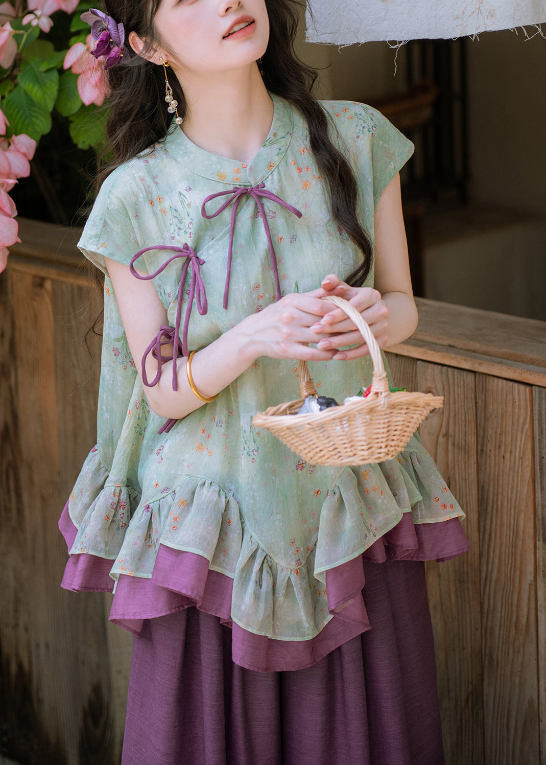 Vintage Purple Stand Collar Print Shirts And Wide Leg Pants Two Piece Set Short Sleeve