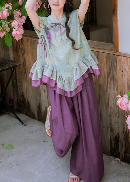 Vintage Purple Stand Collar Print Shirts And Wide Leg Pants Two Piece Set Short Sleeve