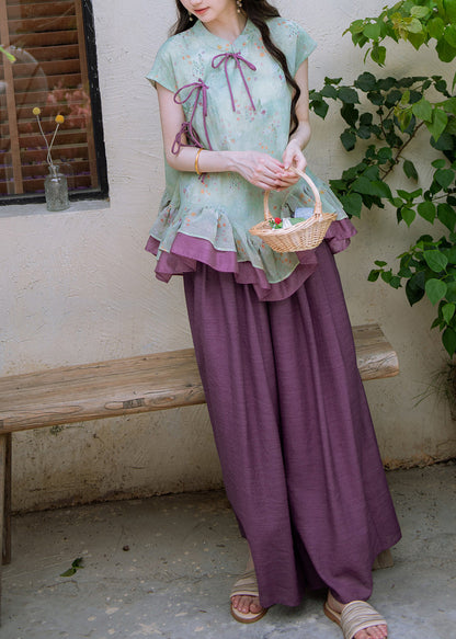 Vintage Purple Stand Collar Print Shirts And Wide Leg Pants Two Piece Set Short Sleeve