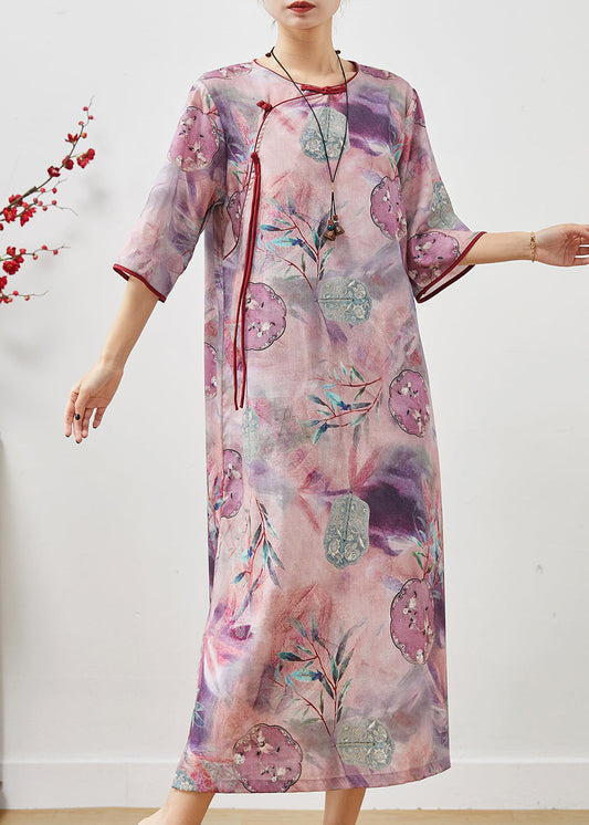 Vintage Lila Tassel Print Baumwolle Cheongsam Kleider Sommer