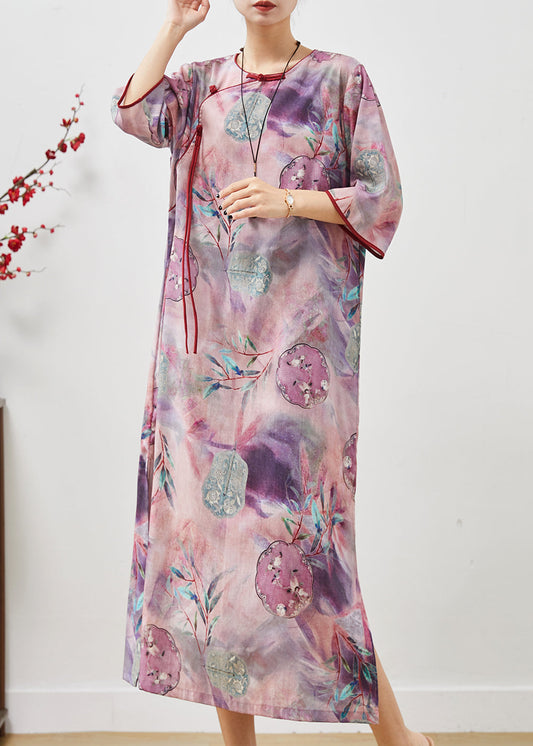 Vintage Lila Tassel Print Baumwolle Cheongsam Kleider Sommer