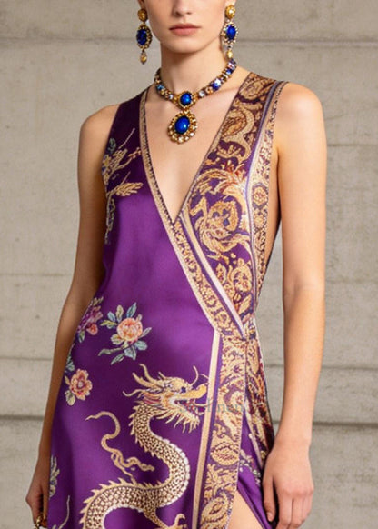 Vintage Purple Tasseled Side Open Silk Maxi Dress Summer