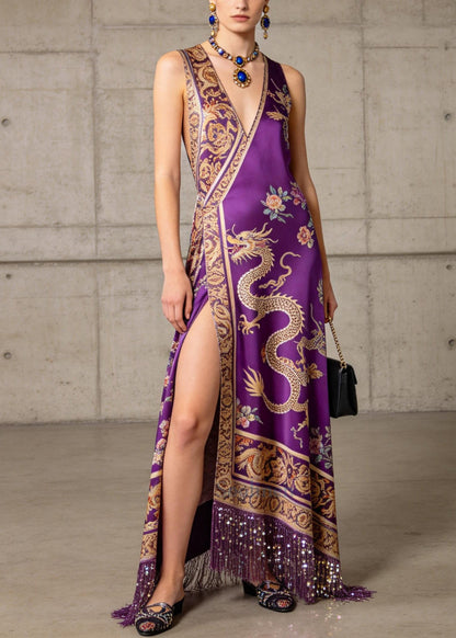 Vintage Purple Tasseled Side Open Silk Maxi Dress Summer