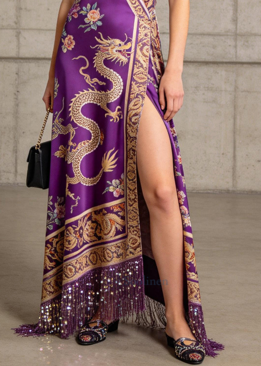 Vintage Purple Tasseled Side Open Silk Maxi Dress Summer