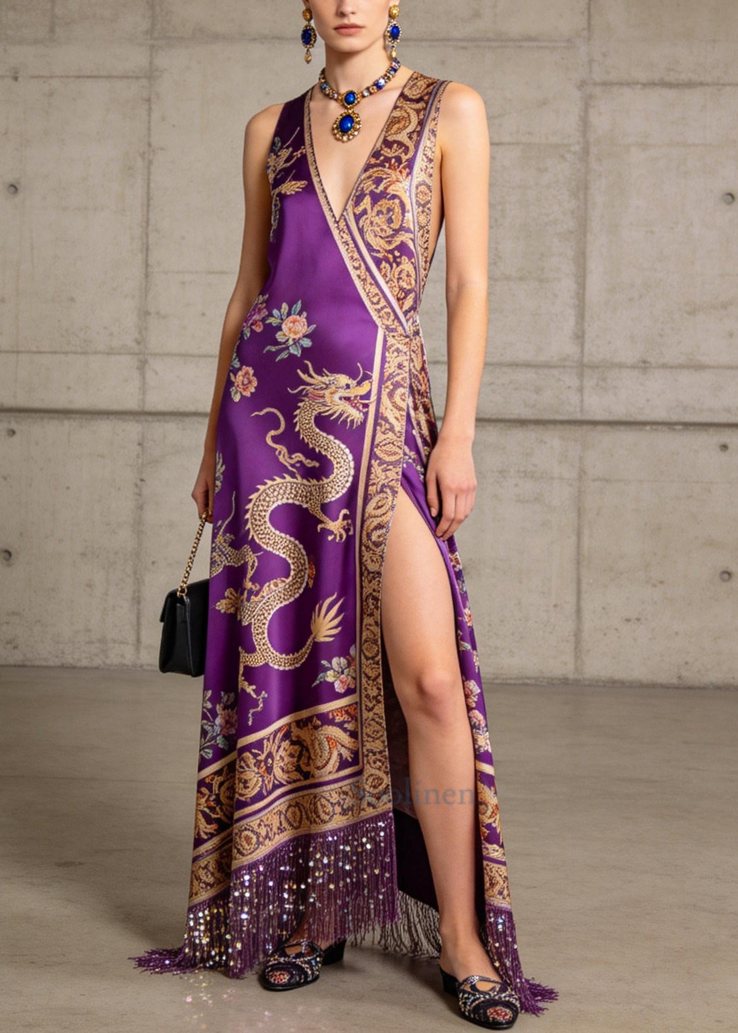 Vintage Purple Tasseled Side Open Silk Maxi Dress Summer
