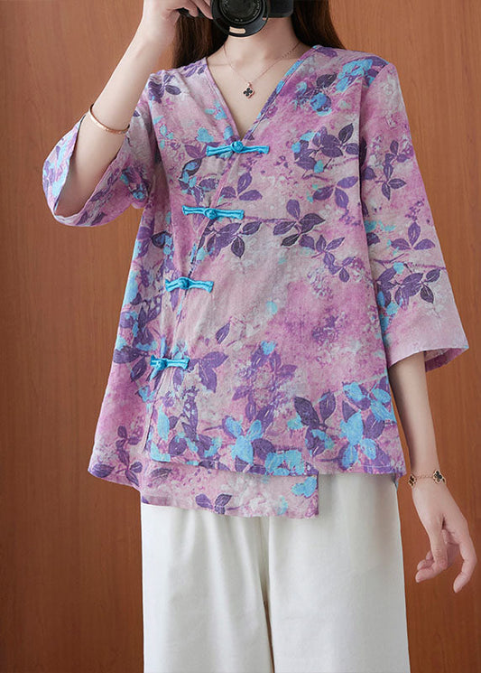 Vintage Lila V-Ausschnitt Button Print Bluse Tops Halbarm