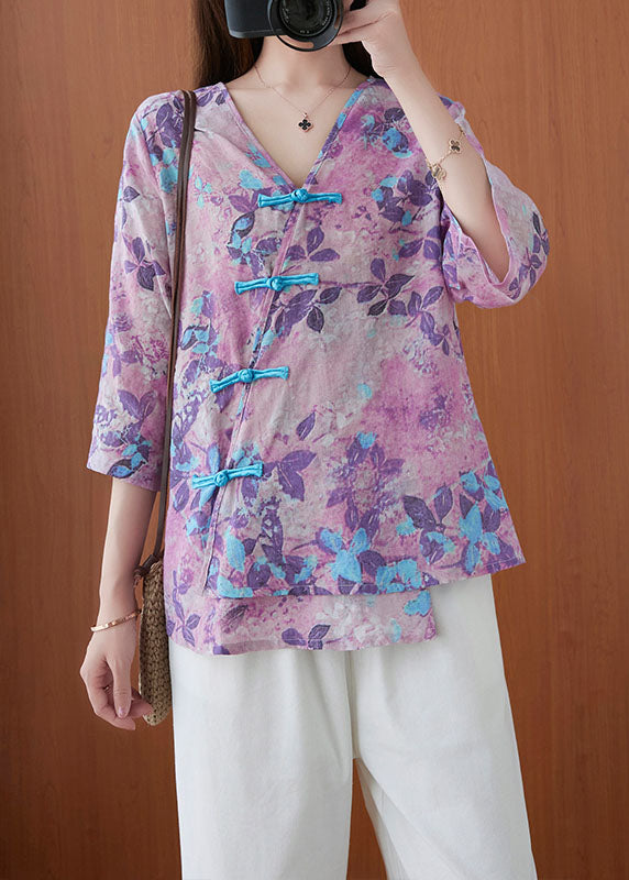 Vintage Purple V Neck Button Print Blouse Tops Half Sleeve
