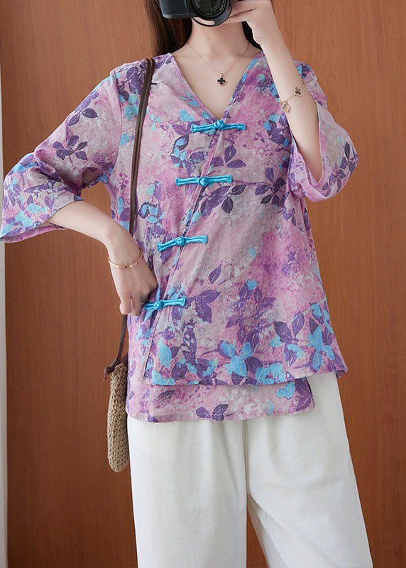 Vintage Purple V Neck Button Print Blouse Tops Half Sleeve