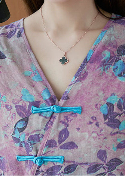 Vintage Purple V Neck Button Print Blouse Tops Half Sleeve