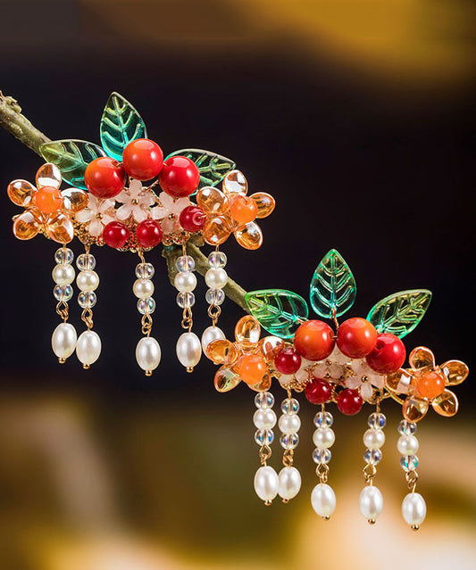 Par de horquillas vintage con borlas de hojas de espino y perlas doradas de cobre arcoíris