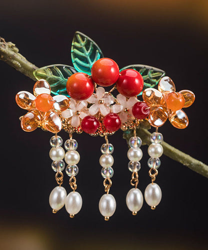 Vintage Regenbogen Kupfer vergoldete Perle Weißdornblatt Quaste Ein Paar Haarnadeln