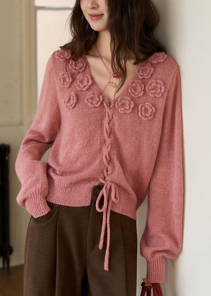 Suéteres de punto de algodón con cordón y cuello en V de color rosa frambuesa vintage para primavera