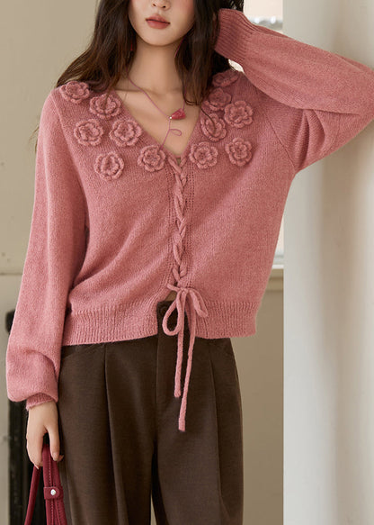 Suéteres de punto de algodón con cordón y cuello en V de color rosa frambuesa vintage para primavera