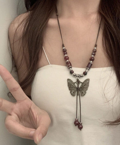 Vintage Red Alloy Gem Stone Butterfly Hollow Out Pendant Necklace
