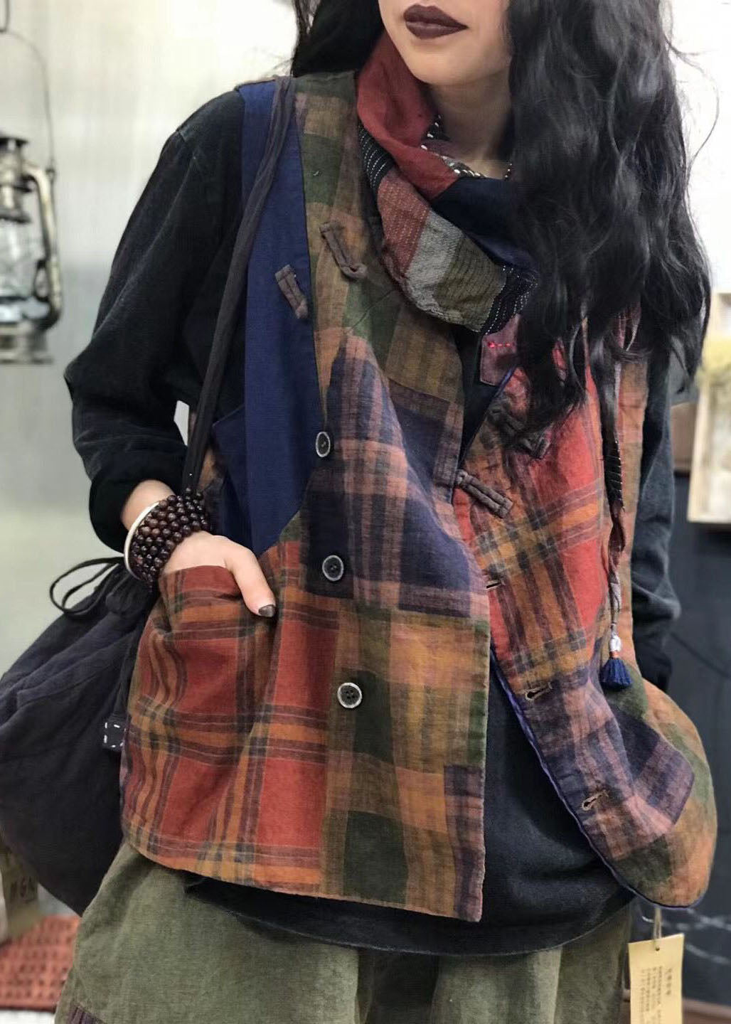 Vintage Roter Knopf Karo Patchwork Leinenweste Frühling