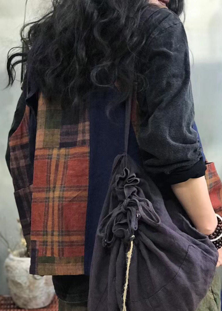 Vintage Roter Knopf Karo Patchwork Leinenweste Frühling