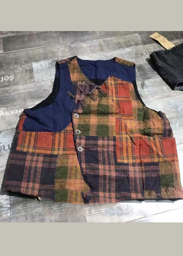 Vintage Roter Knopf Karo Patchwork Leinenweste Frühling