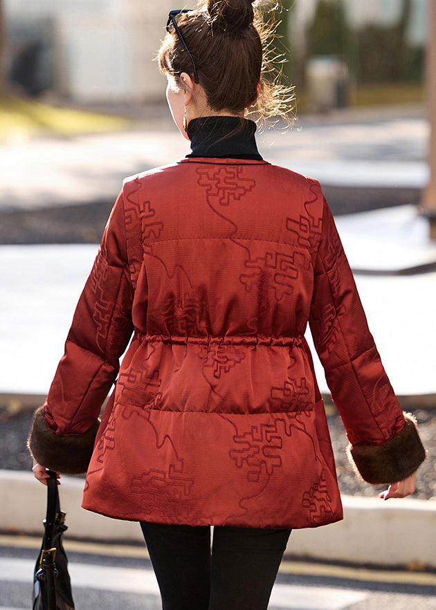 Vintage Red Cinched Print Duck Down Puffer Jacket Winter