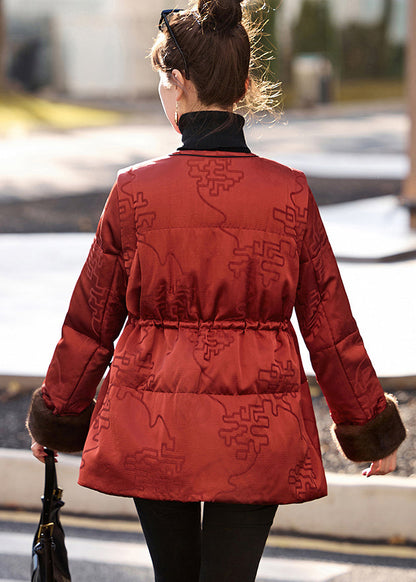 Vintage Red Cinched Print Duck Down Puffer Jacket Winter