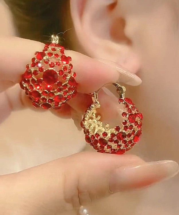 Pendientes vintage de cobre rojo dorado con incrustaciones de circonitas huecas y gotas de agua