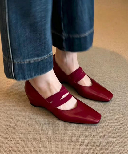 Vintage Red Cross Strap Faux Leather Wedge Heels