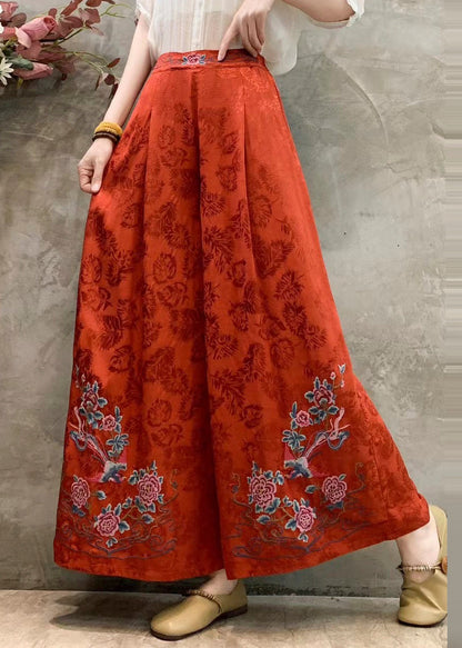 Vintage rote bestickte Seidenhose mit fließendem Schnitt für den Frühling