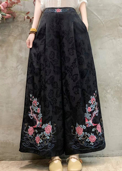 Vintage rote bestickte Seidenhose mit fließendem Schnitt für den Frühling