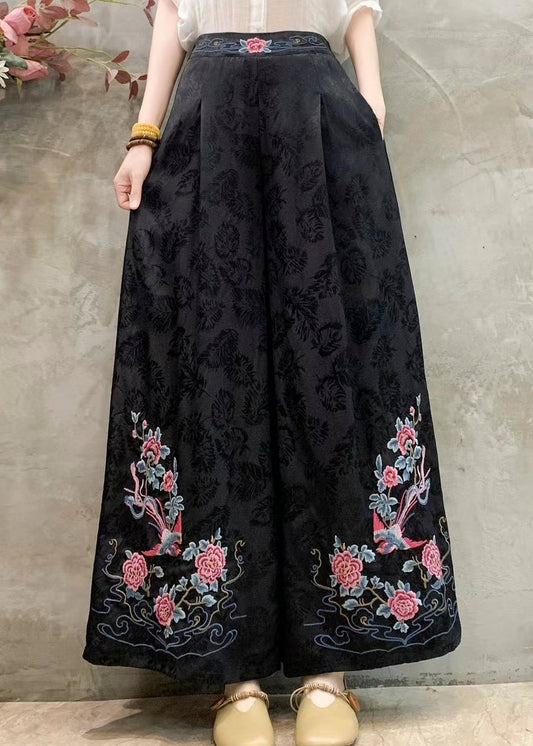 Vintage rote bestickte Seidenhose mit fließendem Schnitt für den Frühling