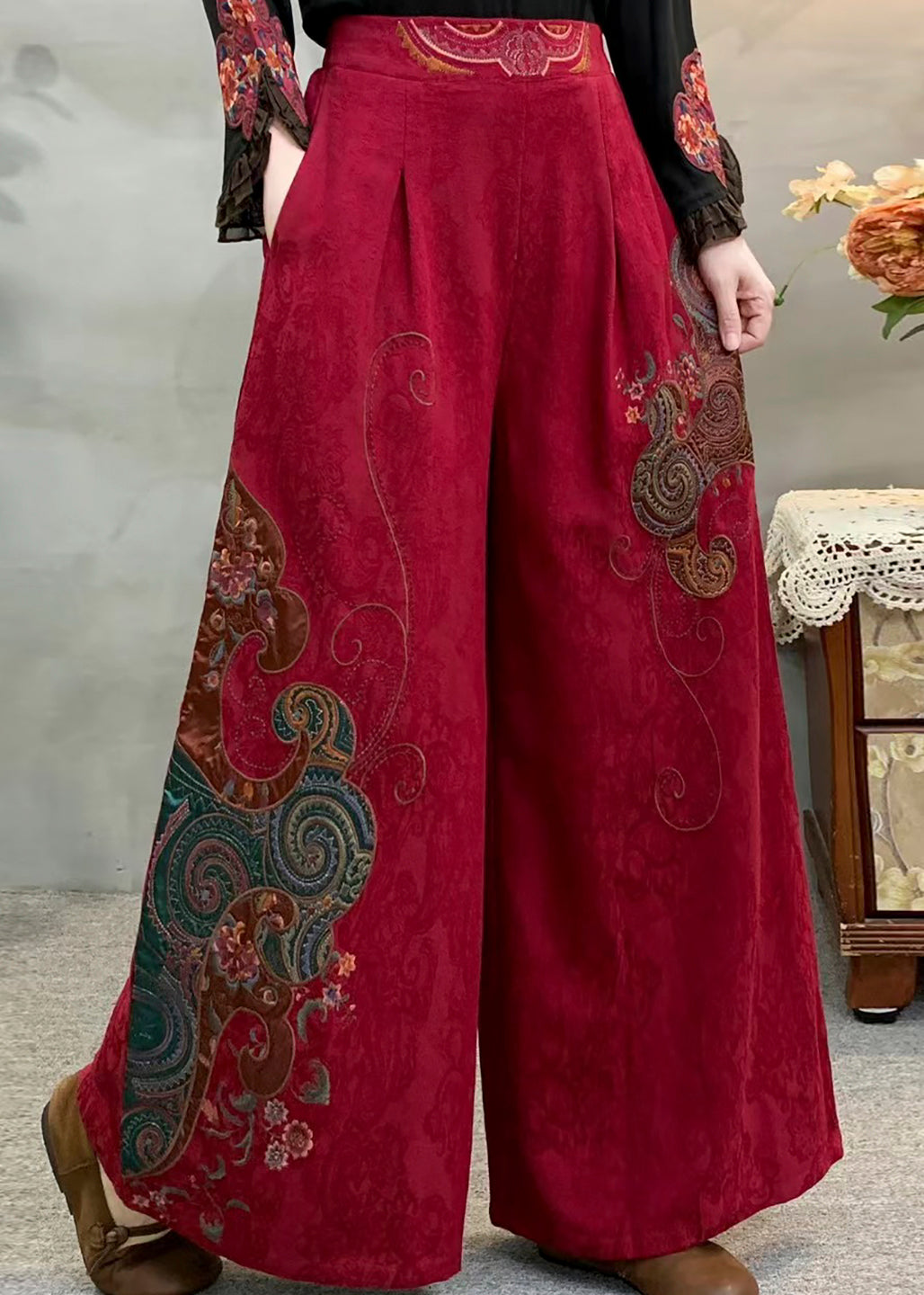 Vintage Red Embroidered Pockets Warm Fleece Pants Winter