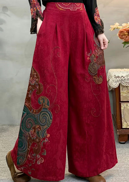 Vintage Red Embroidered Pockets Warm Fleece Pants Winter