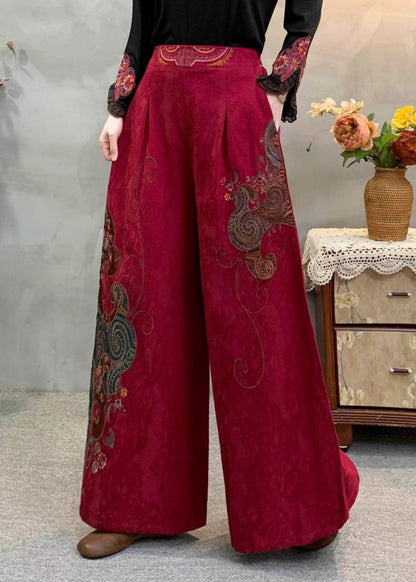 Vintage Red Embroidered Pockets Warm Fleece Pants Winter