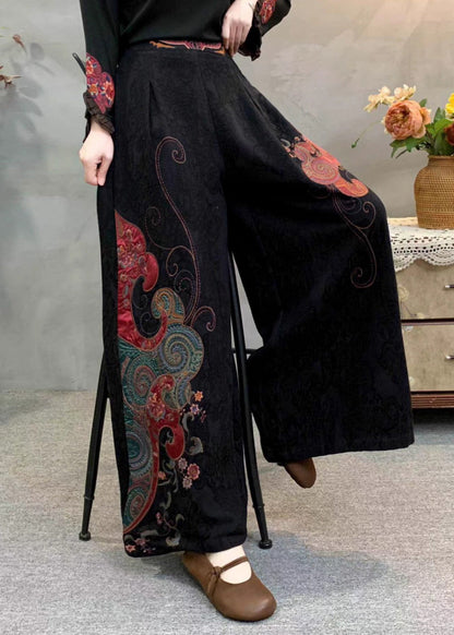 Vintage Red Embroidered Pockets Warm Fleece Pants Winter