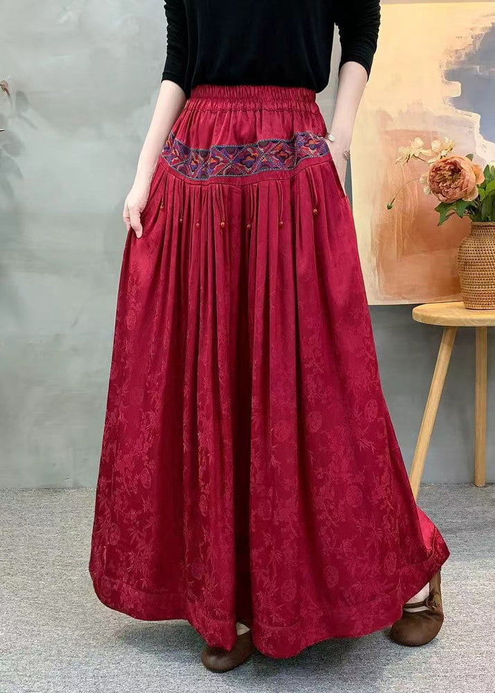 Vintage roter Jacquard-Seidenrock mit Stickerei, Faltenwurf und Taschen, Herbst