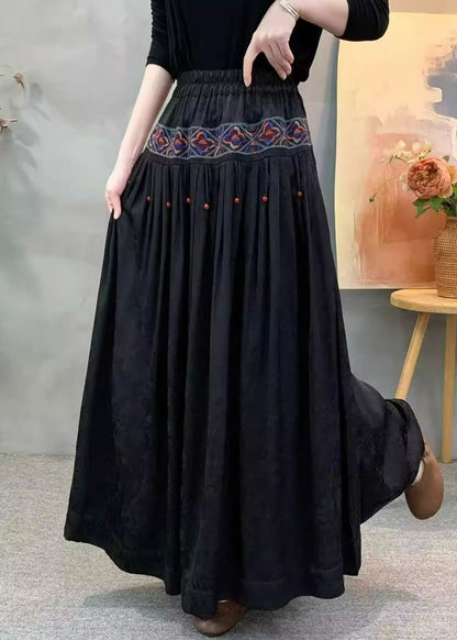 Vintage roter Jacquard-Seidenrock mit Stickerei, Faltenwurf und Taschen, Herbst