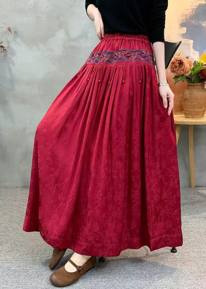 Vintage roter Jacquard-Seidenrock mit Stickerei, Faltenwurf und Taschen, Herbst