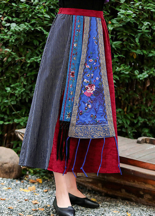 Vintage Rot Bestickter Blumen A Linie Rock Sommer