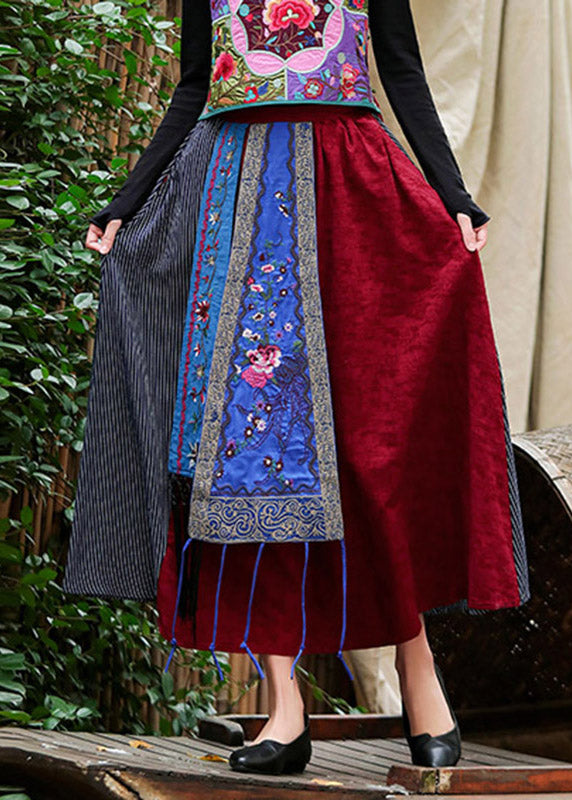 Vintage Rot Bestickter Blumen A Linie Rock Sommer