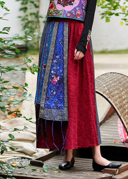 Vintage Rot Bestickter Blumen A Linie Rock Sommer