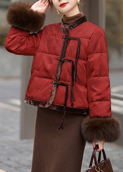 Vintage Red Mandarin Collar Patchwork Duck Down Puffer Coat Winter