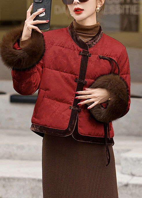 Vintage Red Mandarin Collar Patchwork Duck Down Puffer Coat Winter