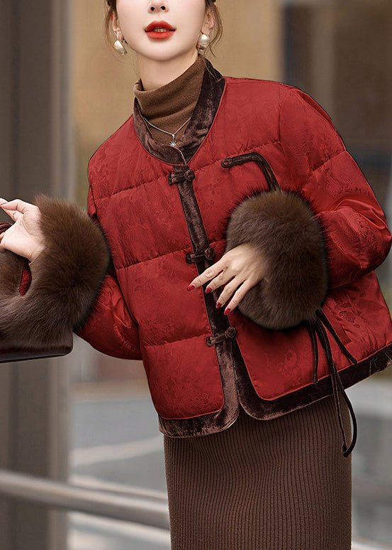 Vintage Red Mandarin Collar Patchwork Duck Down Puffer Coat Winter