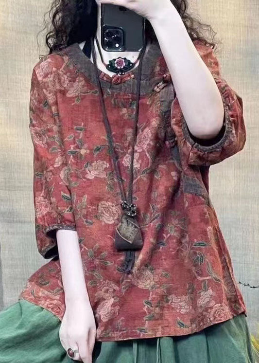 Vintage Rot O Neck Print Orientalischen Knopf Leinen Shirts Armband Ärmel